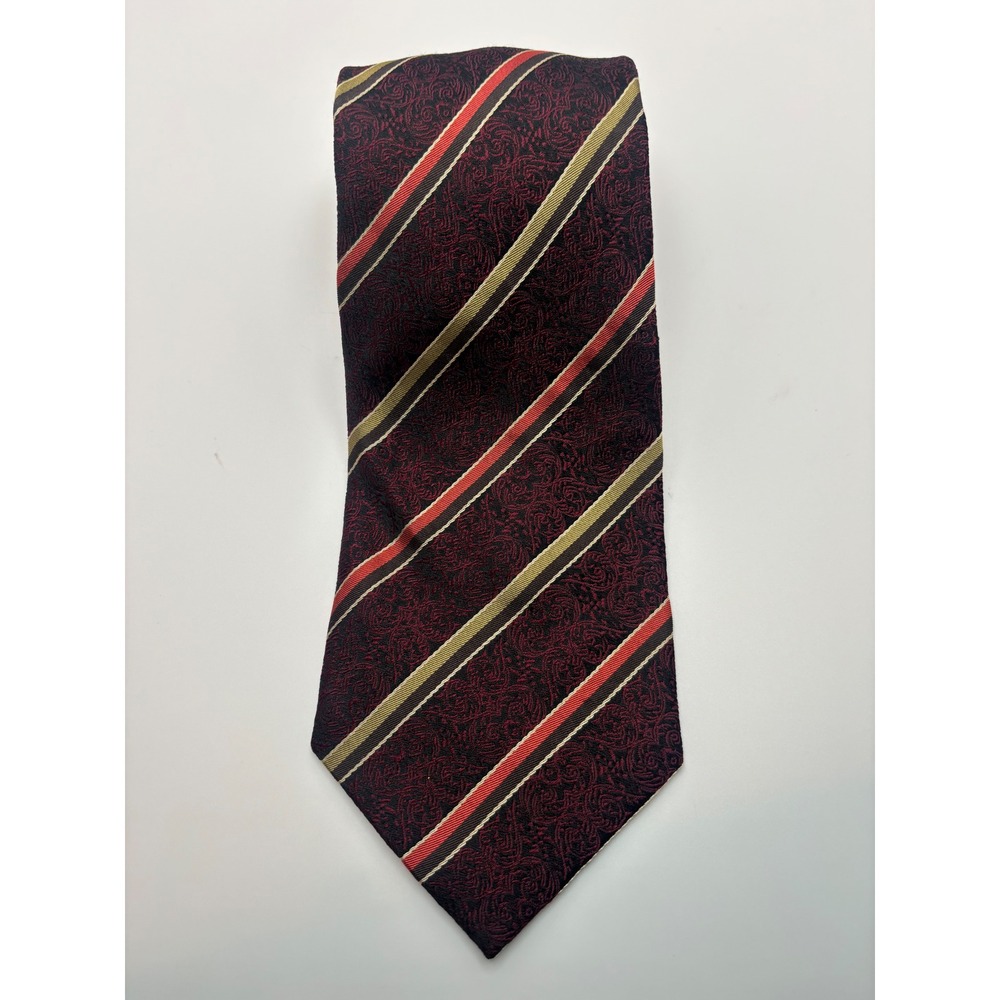 Luciano Ferretti Mens Silk Tie Burgundy Paisley Striped Red Gold Jacquard 1602